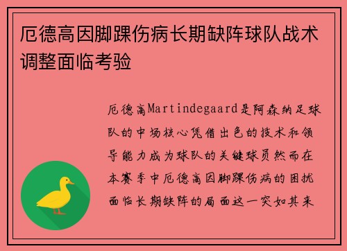 厄德高因脚踝伤病长期缺阵球队战术调整面临考验 厄德高因脚踝伤病长期缺阵球队战术调整面临考验
